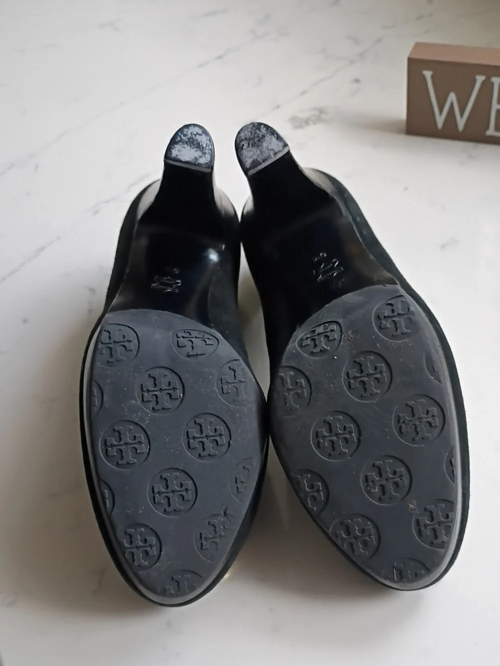 Tory Burch Women's Black Suede Round-Toe Heels with Gold Emblem